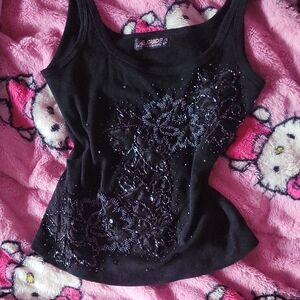 Black Embellished Floral Tank Top - Women's
